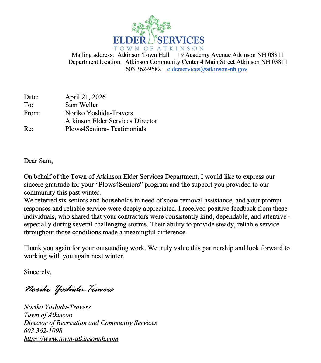 Letter of appreciation from Noriko Yoshida-Travers, Director of Recreation and Community Services, Town of Atkinson Elder Services, thanking Plows4Seniors for snow removal support