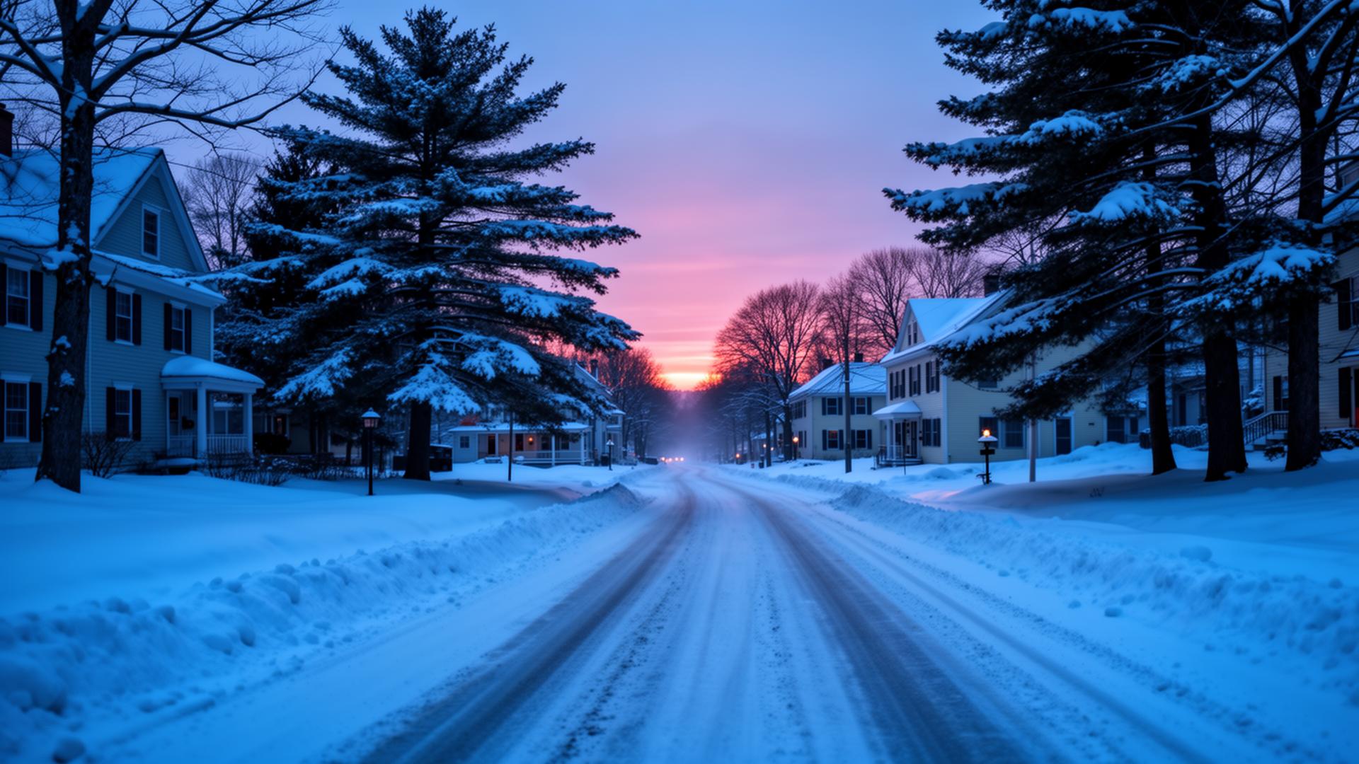 Snowy New England street at dawn in southern NH